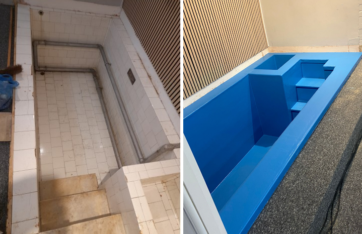 An old grubby tiles baptistry with defunct water pipes, insulated and relined to give a splendid new blue look.